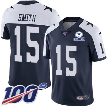 Nike Cowboys #15 Devin Smith Navy Blue Thanksgiving Men's Stitched With Established In 1960 Patch NFL 100th Season Vapor Untouchable Limited Throwback Jersey