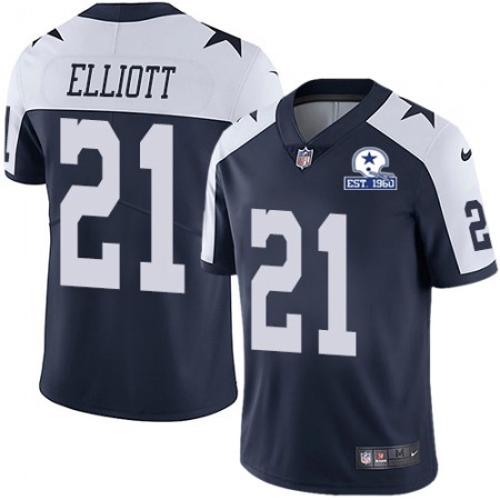 Nike Cowboys #21 Ezekiel Elliott Navy Blue Thanksgiving Men's Stitched With Established In 1960 Patch NFL Vapor Untouchable Limited Throwback Jersey