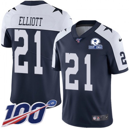 Nike Cowboys #21 Ezekiel Elliott Navy Blue Thanksgiving Men's Stitched With Established In 1960 Patch NFL 100th Season Vapor Untouchable Limited Throwback Jersey