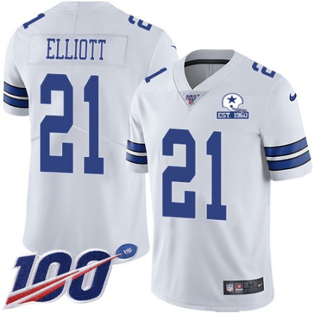 Nike Cowboys #21 Ezekiel Elliott White Men's Stitched With Established In 1960 Patch NFL 100th Season Vapor Untouchable Limited Jersey