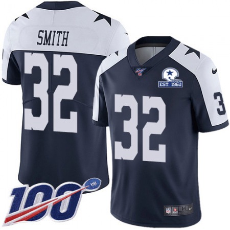 Nike Cowboys #32 Saivion Smith Navy Blue Thanksgiving Men's Stitched With Established In 1960 Patch NFL 100th Season Vapor Untouchable Limited Throwback Jersey