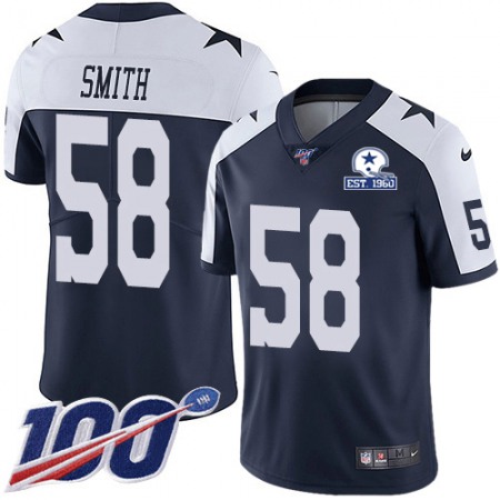 Nike Cowboys #58 Aldon Smith Navy Blue Thanksgiving Men's Stitched With Established In 1960 Patch NFL 100th Season Vapor Untouchable Limited Throwback Jersey