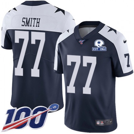 Nike Cowboys #77 Tyron Smith Navy Blue Thanksgiving Men's Stitched With Established In 1960 Patch NFL 100th Season Vapor Untouchable Limited Throwback Jersey