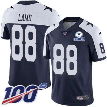Nike Cowboys #88 CeeDee Lamb Navy Blue Thanksgiving Men's Stitched With Established In 1960 Patch NFL 100th Season Vapor Untouchable Limited Throwback Jersey