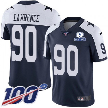 Nike Cowboys #90 DeMarcus Lawrence Navy Blue Thanksgiving Men's Stitched With Established In 1960 Patch NFL 100th Season Vapor Untouchable Limited Throwback Jersey