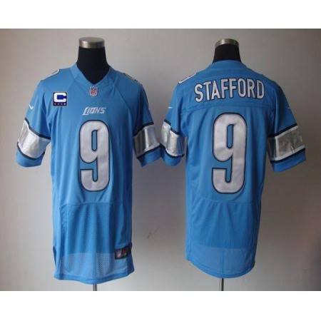 Nike Lions #9 Matthew Stafford Blue Team Color With C Patch Men's Stitched NFL Elite Jersey