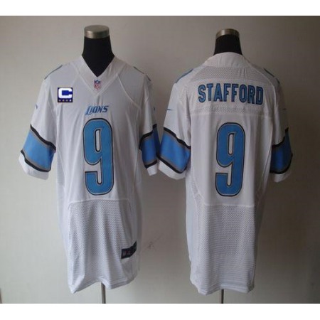 Nike Lions #9 Matthew Stafford White With C Patch Men's Stitched NFL Elite Jersey