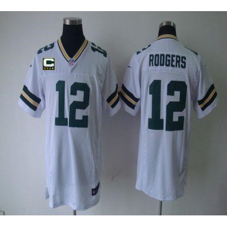 Nike Packers #12 Aaron Rodgers White With C Patch Men's Stitched NFL Elite Jersey