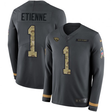 Nike Jaguars #1 Travis Etienne Anthracite Salute to Service Men's Stitched NFL Limited Therma Long Sleeve Jersey