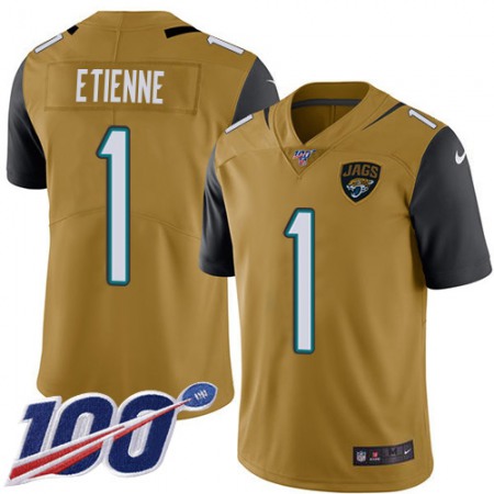 Nike Jaguars #1 Travis Etienne Gold Men's Stitched NFL Limited Rush 100th Season Jersey