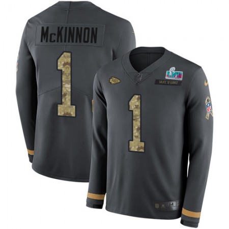 Nike Chiefs #1 Jerick McKinnon Anthracite Salute to Service Super Bowl LVII Patch Men's Stitched NFL Limited Therma Long Sleeve Jersey