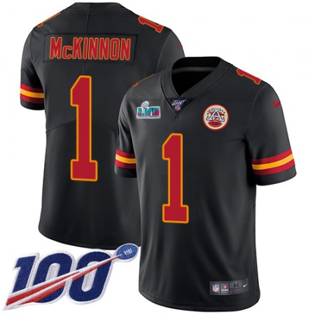 Nike Chiefs #1 Jerick McKinnon Black Super Bowl LVII Patch Men's Stitched NFL Limited Rush 100th Season Jersey