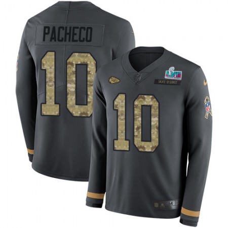 Nike Chiefs #10 Isiah Pacheco Anthracite Salute to Service Super Bowl LVII Patch Men's Stitched NFL Limited Therma Long Sleeve Jersey