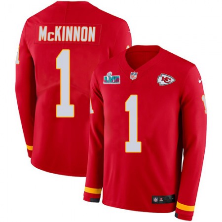 Nike Chiefs #1 Jerick McKinnon Red Team Color Super Bowl LVII Patch Men's Stitched NFL Limited Therma Long Sleeve Jersey