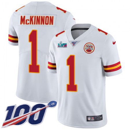 Nike Chiefs #1 Jerick McKinnon White Super Bowl LVII Patch Men's Stitched NFL 100th Season Vapor Limited Jersey