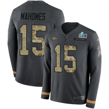 Nike Chiefs #15 Patrick Mahomes Anthracite Super Bowl LVII Patch Salute to Service Men's Stitched NFL Limited Therma Long Sleeve Jersey