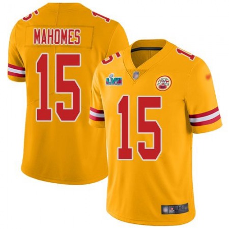 Nike Chiefs #15 Patrick Mahomes Gold Super Bowl LVII Patch Men's Stitched NFL Limited Inverted Legend Jersey