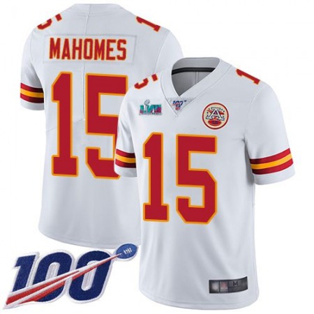 Nike Chiefs #15 Patrick Mahomes White Super Bowl LVII Patch Men's Stitched NFL 100th Season Vapor Limited Jersey