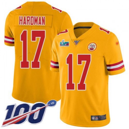 Nike Chiefs #17 Mecole Hardman Gold Super Bowl LVII Patch Men's Stitched NFL Limited Inverted Legend 100th Season Jersey