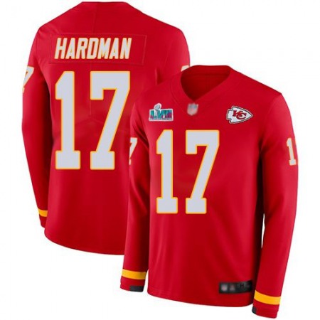 Nike Chiefs #17 Mecole Hardman Red Team Color Super Bowl LVII Patch Men's Stitched NFL Limited Therma Long Sleeve Jersey