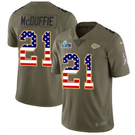 Nike Chiefs #21 Trent McDuffie Olive/USA Flag Super Bowl LVII Patch Men's Stitched NFL Limited 2017 Salute To Service Jersey