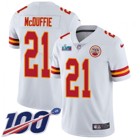 Nike Chiefs #21 Trent McDuffie White Super Bowl LVII Patch Men's Stitched NFL 100th Season Vapor Limited Jersey