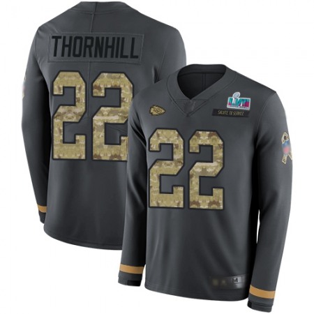 Nike Chiefs #22 Juan Thornhill Anthracite Super Bowl LVII Patch Salute to Service Men's Stitched NFL Limited Therma Long Sleeve Jersey