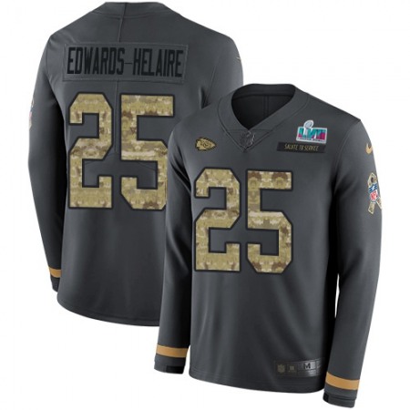 Nike Chiefs #25 Clyde Edwards-Helaire Anthracite Super Bowl LVII Patch Salute to Service Men's Stitched NFL Limited Therma Long Sleeve Jersey