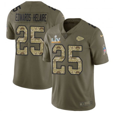 Nike Chiefs #25 Clyde Edwards-Helaire Olive/Camo Men's Super Bowl LV Bound Stitched NFL Limited 2017 Salute To Service Jersey