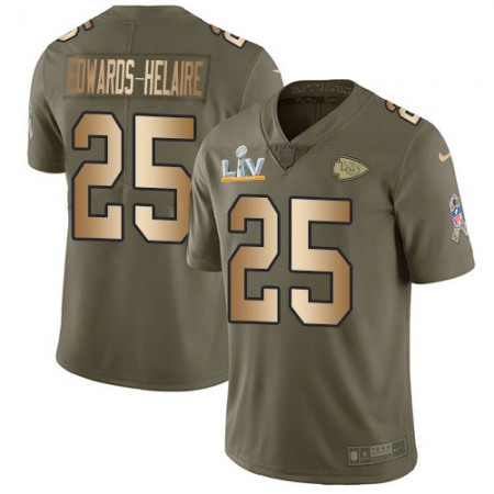 Nike Chiefs #25 Clyde Edwards-Helaire Olive/Gold Men's Super Bowl LV Bound Stitched NFL Limited 2017 Salute To Service Jersey