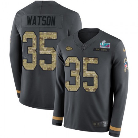 Nike Chiefs #35 Jaylen Watson Anthracite Salute to Service Super Bowl LVII Patch Men's Stitched NFL Limited Therma Long Sleeve Jersey