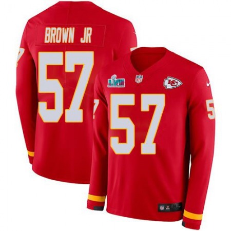 Nike Chiefs #57 Orlando Brown Jr. Red Team Color Super Bowl LVII Patch Men's Stitched NFL Limited Therma Long Sleeve Jersey