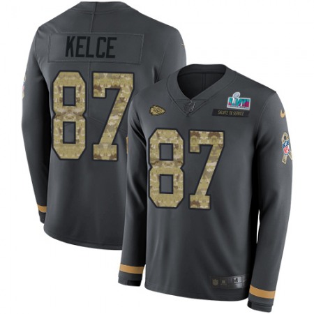 Nike Chiefs #87 Travis Kelce Anthracite Super Bowl LVII Patch Salute to Service Men's Stitched NFL Limited Therma Long Sleeve Jersey