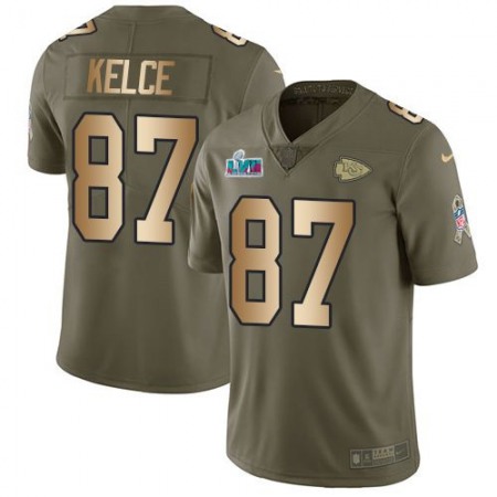 Nike Chiefs #87 Travis Kelce Olive/Gold Super Bowl LVII Patch Men's Stitched NFL Limited 2017 Salute To Service Jersey