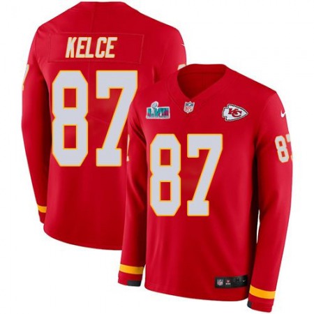 Nike Chiefs #87 Travis Kelce Red Team Color Super Bowl LVII Patch Men's Stitched NFL Limited Therma Long Sleeve Jersey