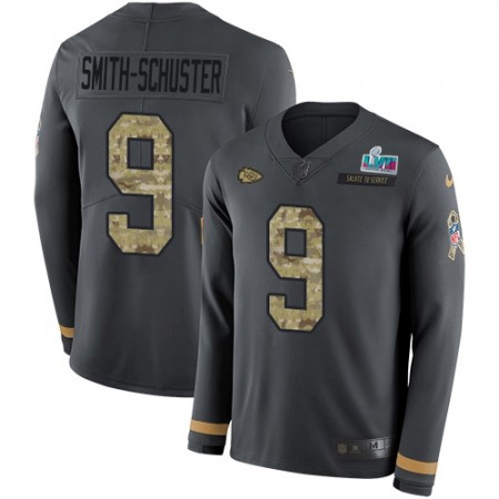 Nike Chiefs #9 JuJu Smith-Schuster Anthracite Super Bowl LVII Patch Salute to Service Men's Stitched NFL Limited Therma Long Sleeve Jersey