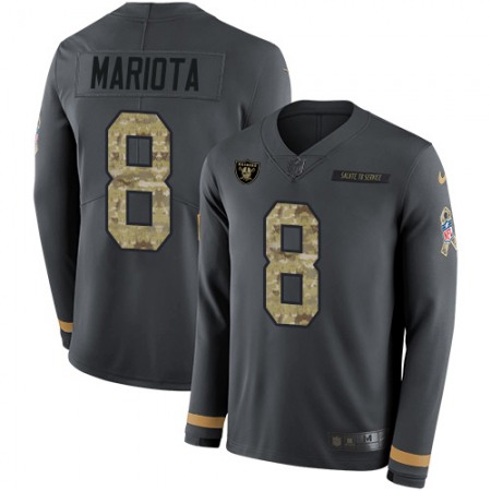 Nike Raiders #8 Marcus Mariota Anthracite Salute to Service Men's Stitched NFL Limited Therma Long Sleeve Jersey