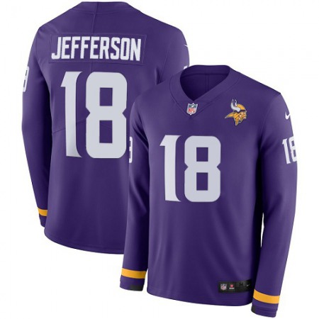 Nike Vikings #18 Justin Jefferson Purple Team Color Men's Stitched NFL Limited Therma Long Sleeve Jersey