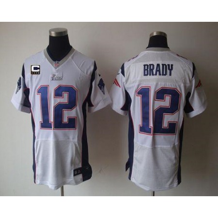 Nike Patriots #12 Tom Brady White With C Patch Men's Stitched NFL Elite Jersey