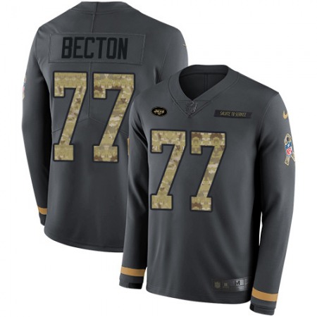 Nike Jets #77 Mekhi Becton Anthracite Salute to Service Men's Stitched NFL Limited Therma Long Sleeve Jersey