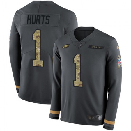 Nike Eagles #1 Jalen Hurts Anthracite Salute to Service Men's Stitched NFL Limited Therma Long Sleeve Jersey
