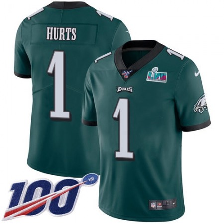 Nike Eagles #1 Jalen Hurts Green Team Color Super Bowl LVII Patch Men's Stitched NFL 100th Season Vapor Limited Jersey