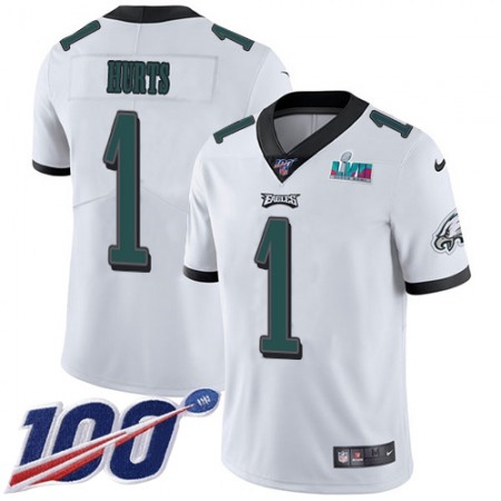 Nike Eagles #1 Jalen Hurts White Super Bowl LVII Patch Men's Stitched NFL 100th Season Vapor Limited Jersey