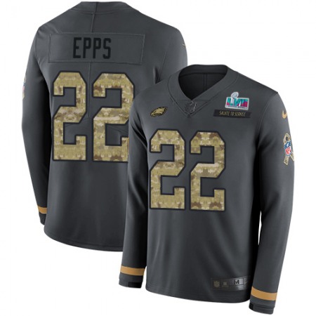 Nike Eagles #22 Marcus Epps Anthracite Salute to Service Super Bowl LVII Patch Men's Stitched NFL Limited Therma Long Sleeve Jersey