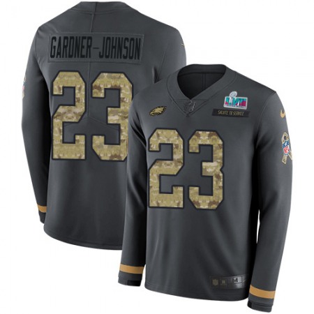 Nike Eagles #23 C.J. Gardner-Johnson Anthracite Salute to Service Super Bowl LVII Patch Men's Stitched NFL Limited Therma Long Sleeve Jersey