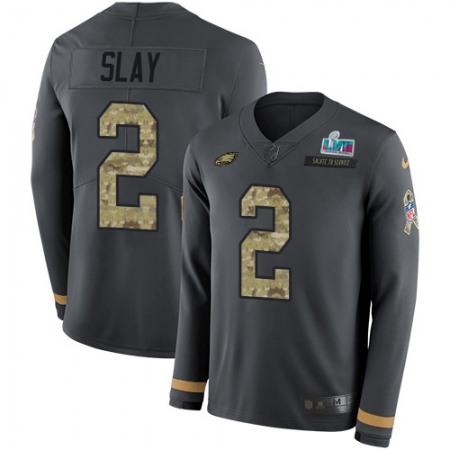 Nike Eagles #2 Darius Slay Anthracite Super Bowl LVII Patch Salute to Service Men's Stitched NFL Limited Therma Long Sleeve Jersey