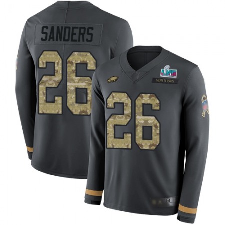 Nike Eagles #26 Miles Sanders Anthracite Super Bowl LVII Patch Salute to Service Men's Stitched NFL Limited Therma Long Sleeve Jersey