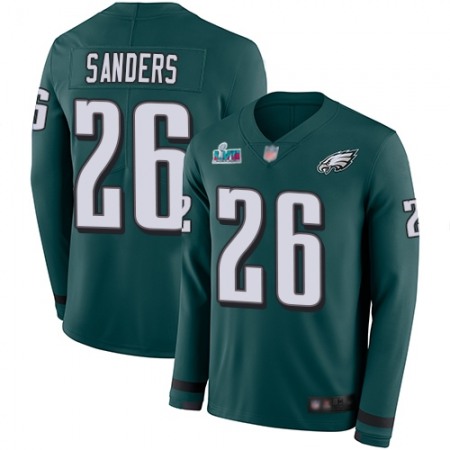 Nike Eagles #26 Miles Sanders Green Super Bowl LVII Patch Team Color Men's Stitched NFL Limited Therma Long Sleeve Jersey