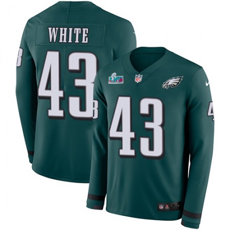 Nike Eagles #43 Kyzir White Green Team Color Super Bowl LVII Patch Men's Stitched NFL Limited Therma Long Sleeve Jersey