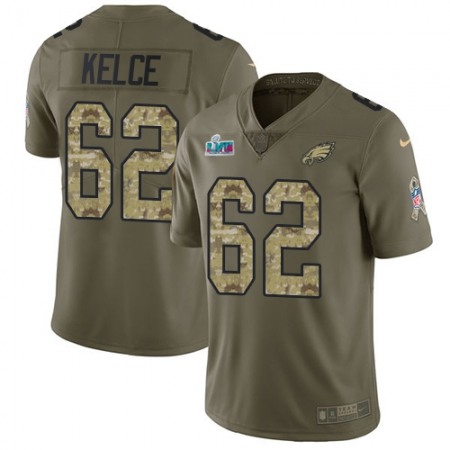 Nike Eagles #62 Jason Kelce Olive/Camo Super Bowl LVII Patch Men's Stitched NFL Limited 2017 Salute To Service Jersey